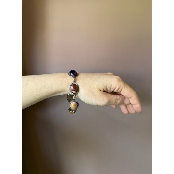 Sterling Silver Link Purple Stichtite Gemstone Bracelet Toggle Clasp Vtg Western - Picture 7 of 16